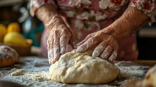 A grandmothers hands kneading dough for homemade bread.