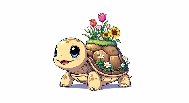 Cute Cartoon Turtle with Flowers on its Shell

