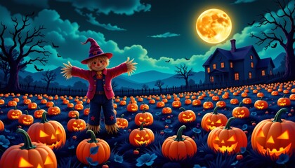 A whimsical Halloween night scene in a pumpkin patch. At the center of the frame is a witch, standing joyously amidst numerous lit jack o' lanterns