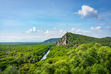 Fototapeta premium Panoramic view of Parco della Maremma regional natural park. Tuscany, Italy.