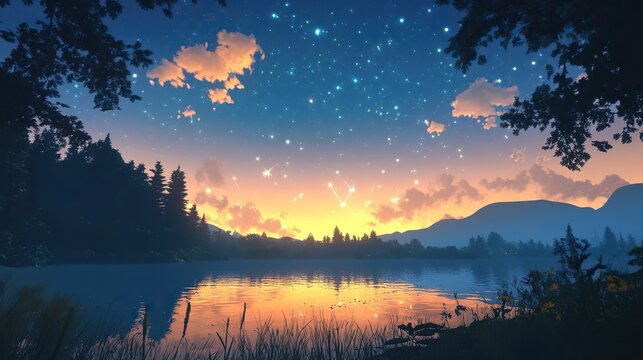 A peaceful evening sky with fading sunlight and emerging stars.