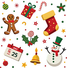 Christmas theme illustration with gingerbread man snowman stocking and holiday decorations on white background