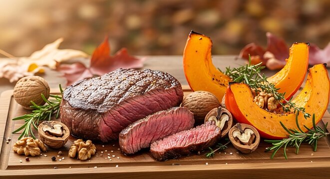 Delicious steak with pumpkin and walnuts on a wooden board in autumn