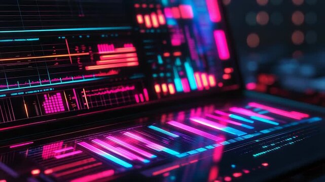 Futuristic digital audio workstation showing colorful waveforms and sound data