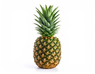 A fresh pineapple stands upright against a clean white background