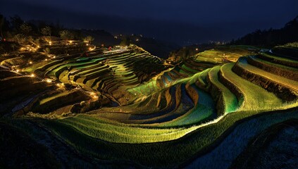Illuminated terraced rice fields at night, showcasing vibrant landscape