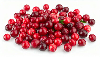 A vibrant pile of fresh, ripe cranberries, showing various shades of red, against a white background.
