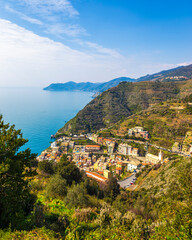 Riomaggiore village and coast aerial view. Cinque Terre, Ligury, Italy