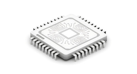 Close up of a white computer chip with intricate circuit patterns on a white background in a studio shot
