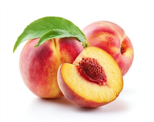 Two whole and one half peach with green leaf