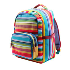 Colorful striped backpack with multiple pockets and zippers on black background