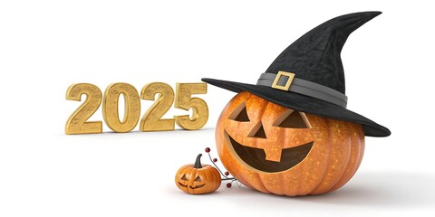 Halloween 2025 Pumpkin With Witch Hat And Small Pumpkin On White Background autumn celebration