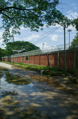 Fototapeta premium Exterior Wall Security with Barbed Wire and Trees Photo in Nature Scene. Safety and Protection Conceptual Photography