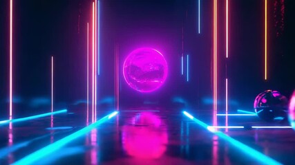 Neon metaverse environment with glowing spheres and vertical lights illuminating dark space - Powered by Adobe