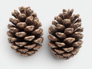 Two golden pine cones on a white background.  Close-up top view of textured,  brown-gold pine cones