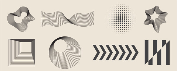 Abstract minimal element mid century vector set. Aesthetic contemporary stripe line art, vintage geometric shape,halftone in monochrome and orange. Atomic age Art form design for wall art, decoration.