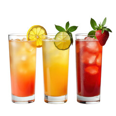 Three refreshing fruit cocktails garnished with citrus fruits and berries on transparent background