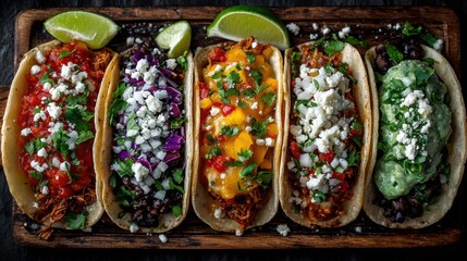 Assortment of tacos with various toppings sitting on a board