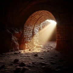 Mysterious Stone Archway Tunnel Illuminated by Glowing Light, Creating a Serene Atmosphere Inside