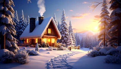Fototapeta premium Cozy winter cabin nestled in snowy forest at sunrise