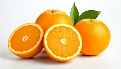 Three oranges, one cut in half, with green leaves, arranged on a white surface.