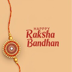 Happy Raksha Bandhan concept with a traditional rakhi on a light flat background with ornaments. Illustration of a cultural celebration of brother and sister bond for greeting card with copy space.