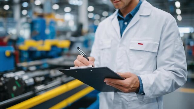 Female technician reviews production specs beside precision-cut metal sheets and plastic spindles in a factory setting.