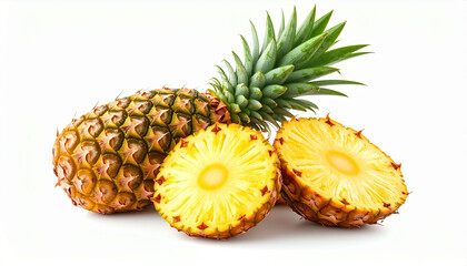 Ripe pineapple fruit, whole and sliced, showcasing its vibrant yellow flesh and green crown against a clean white background.
