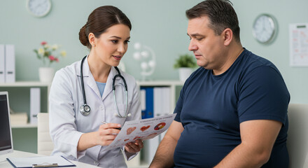Doctor explaining medical report to male patient in clinic during consultation visit
