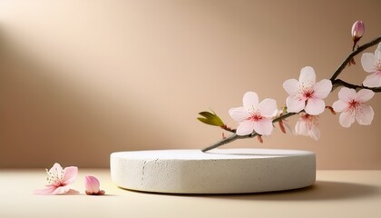elegant display with a white stone platform and a pink blossom on a soft beige backdrop minimalistic product showcase