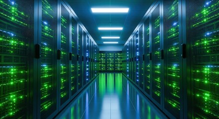 Data Center Server Room with Rows of Rack Servers for IT, Networking and Cloud Computing