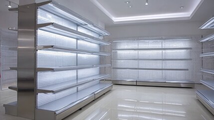 Empty Retail Shelves in a Modern Store, Ready for Product Placement and Merchandising