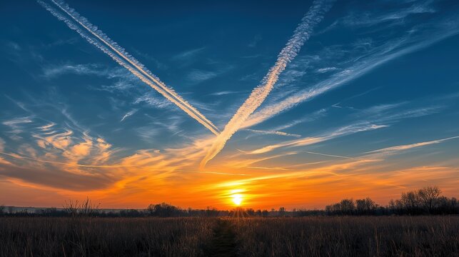 Sunset Landscape with Airplane Contrails Forming V - Shape in Sky