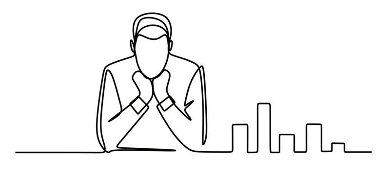 Continuous line art of a man pensive and stressed with a drastically decreasing graph. The concept of being tired from work. Confused and thinking hard.