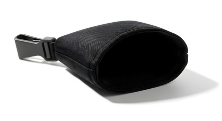 Black fabric protective case with a strap, suitable for small electronic devices or accessories, isolated on a white background