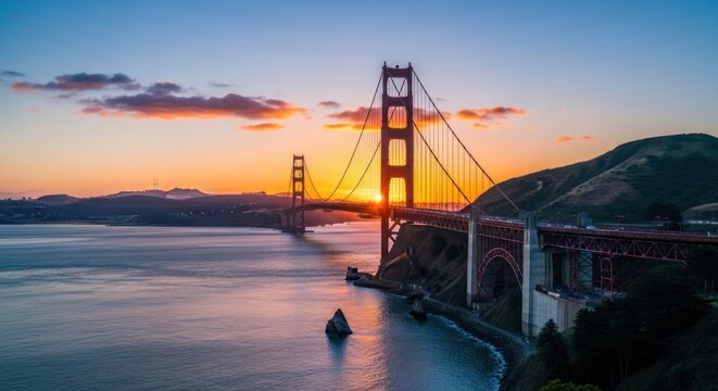 Golden Gate Bridge at sunset, sun shining through