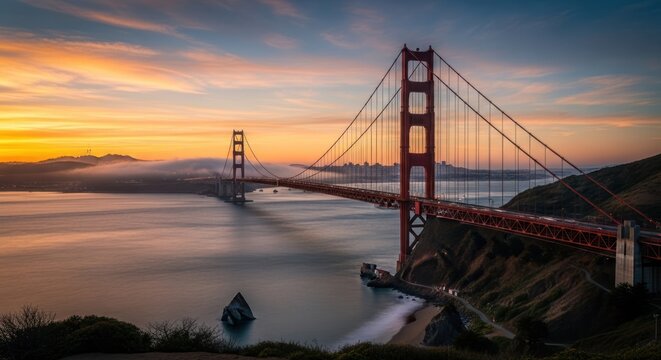 Golden Gate Bridge at dawn; orange and purple sky, fog, calm bay water