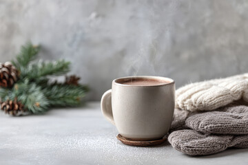 in cozy winter setting steaming mug of rich hot chocolate sits elegantly on clean ultrabright background surrounded