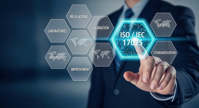 ISO/IEC 17025 Accreditation Concept: Businessman Pointing at Digital Interface Displaying Quality Assurance and Laboratory Management Standards