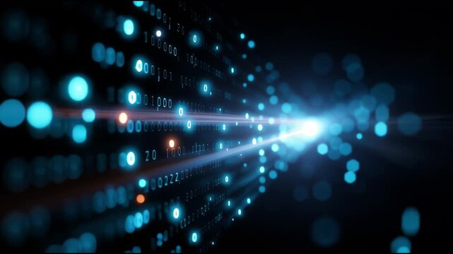 Explore the fascinating world of digital data transmission with vibrant blue light and binary code patterns in motion