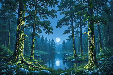 Mystical digital forest path with glowing trees and moonlit river
