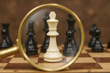 Magnified white king chess piece with black opponents. Leadership, competition and Business strategy concept.
