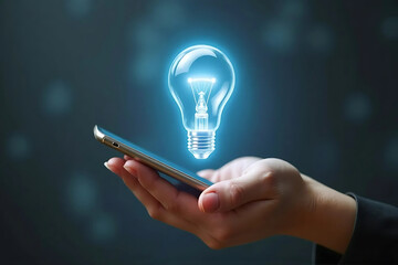 Glowing holographic bulb hovering above hand-held smartphone on bokeh background. Digital brainstorming concept