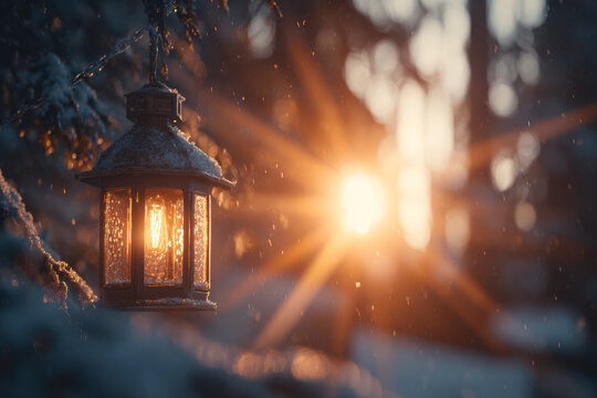 Snowy Lantern: A vintage lantern hangs from a tree branch, casting a warm glow against a wintery backdrop.