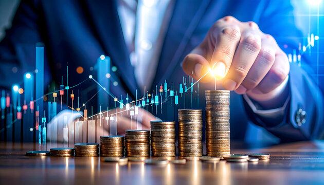 Investing in financial growth, businessman is stacking coins while analyzing market trends