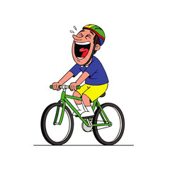 Naklejka premium Cartoon illustration of a man laughing while riding a green bicycle and wearing a colorful helmet.