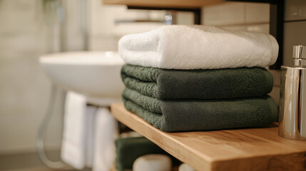 Close-up of a stack of green and white towels on top of a wooden shelf in front of an elegant modern sink.