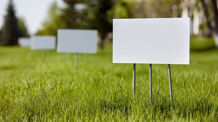 Blank White Signage in Grassy Field: Outdoor Advertising Space for Custom Messages