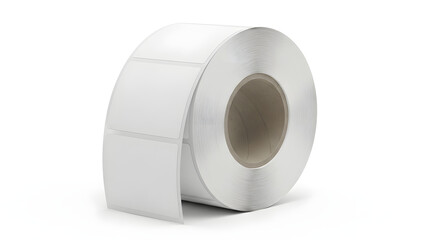 Large roll of blank self-adhesive labels on a white background for office or industrial use, highlighting its smooth surface and neat edges