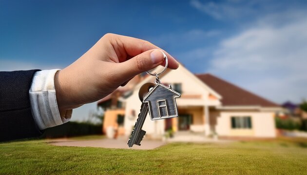 real estate market buy sell rent a home hand holding a house keychain in front of a blurred home background